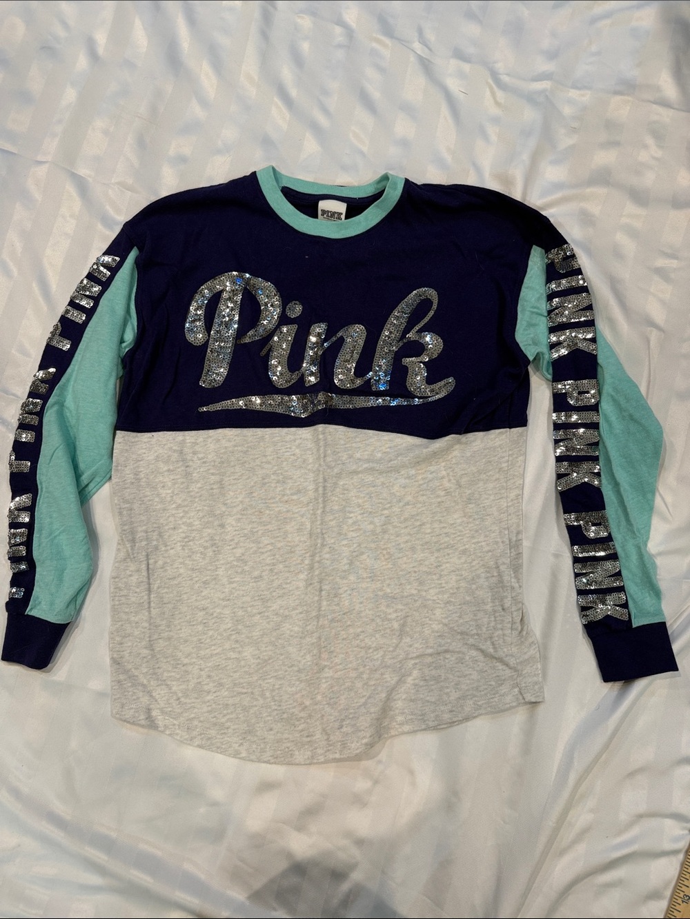 PINK Victoria's Secret Colorblock Long Sleeve Tee - Navy, Mint & Heather Gray